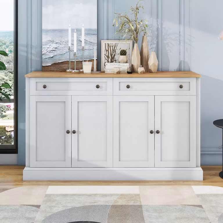Credenza Flieks con 2 cassetti e 4 ante con ripiani regolabili, mobile da soggiorno a buffet con maniglia, 150x40x86cm, finitura naturale