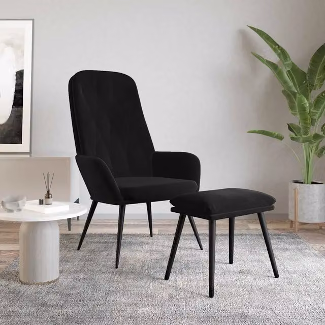 Poltrona Relax con Poggiapiedi in Velluto Nero e Struttura in Metallo 901509