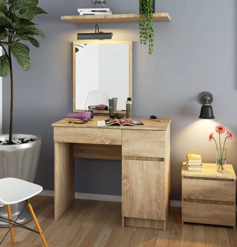 Tavolino da toeletta con specchio BRETIK - rovere sonoma, versione a destra