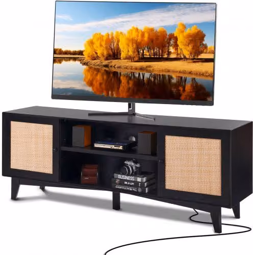 Mobile TV VEVOR in stile Boho con dettagli in Rattan, Nero Opaco, L: 190,5 cm, H: 63,6 cm, P: 33,9 cm