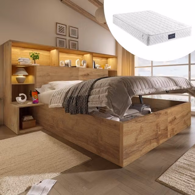 Letto contenitore matrimoniale 160 × 200 cm con comodini, LED, USB e USB-C, materasso incluso, effetto rovere
