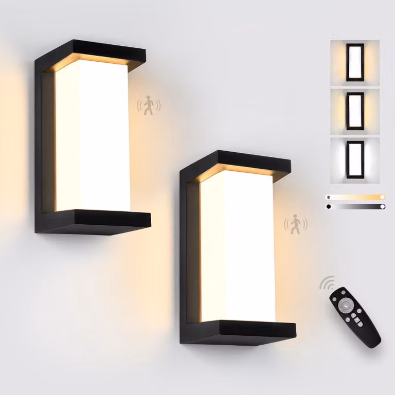 Lampada da parete esterna a LED, 18 W, con sensore di movimento, colore nero, confezione da 2 pezzi, grado di protezione IP65