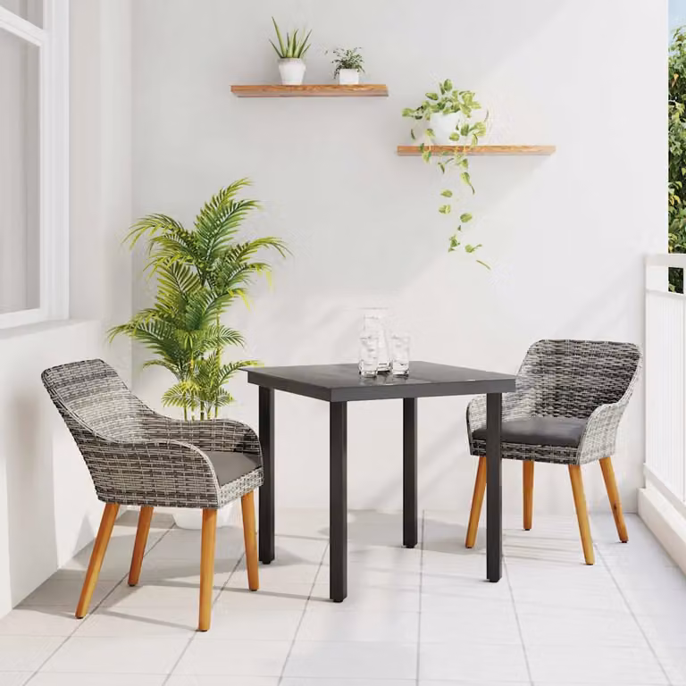 Set da pranzo per giardino e terrazza vidaXL in polyrattan e vetro grigio con 3 pezzi