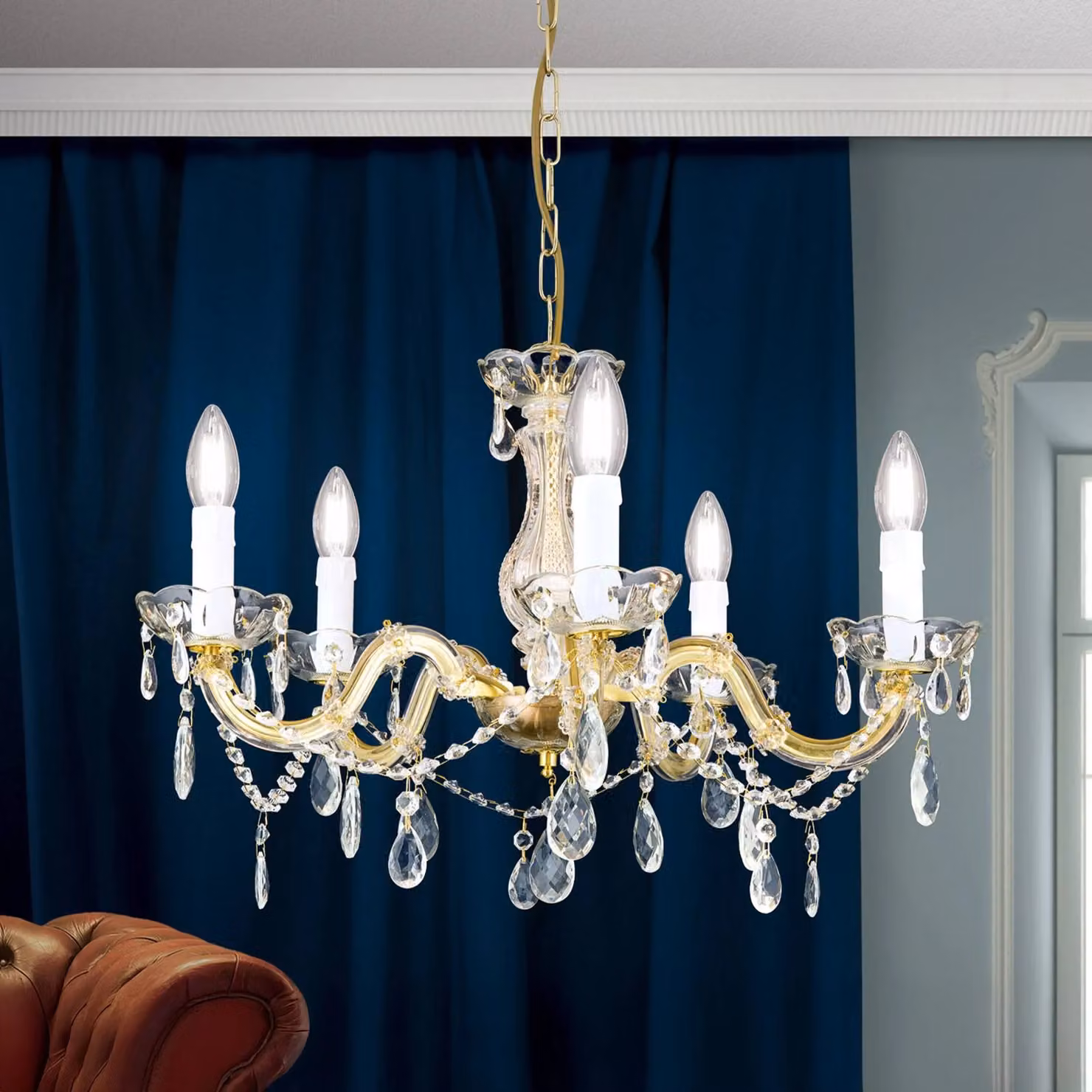 ORION Lampadario di cristallo Marie Claire, dimmerabile, Ottone / Oro, Soggiorno / Sala da pranzo, Metallo, Lampadario di cristallo