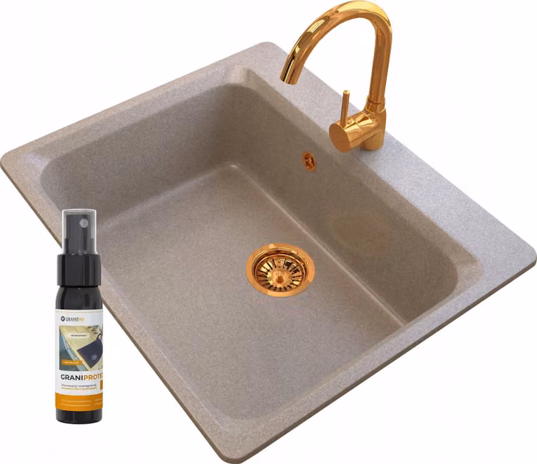 Granitan - Lavello in granito - Lavello da cucina - 62x52 cm - Beige - con rubinetteria BETA e sifone - Lavello - ZANTE
