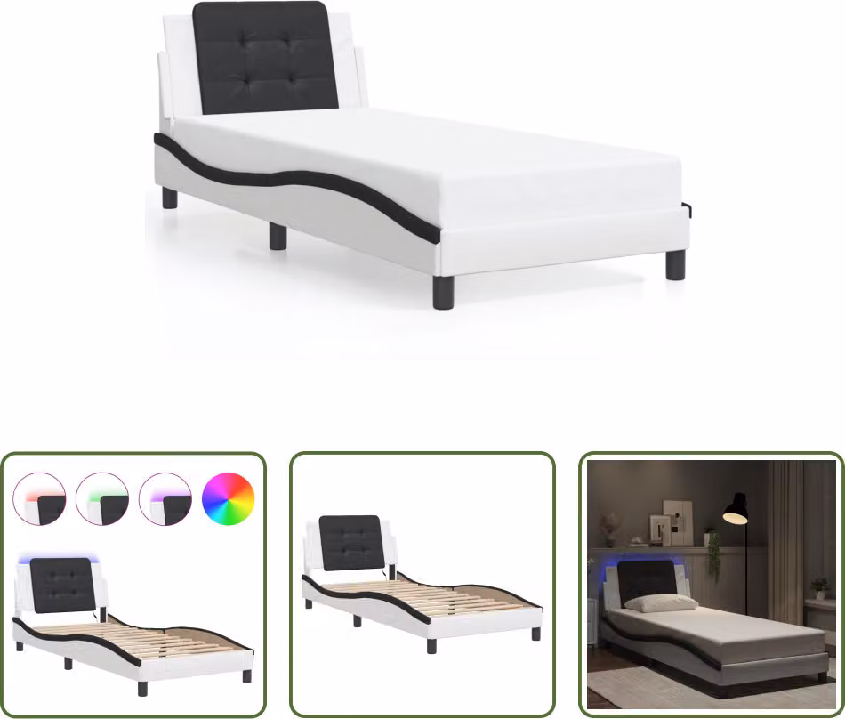 The Living Store Struttura letto con LED bianco e nero 100x200 cm in ecopelle