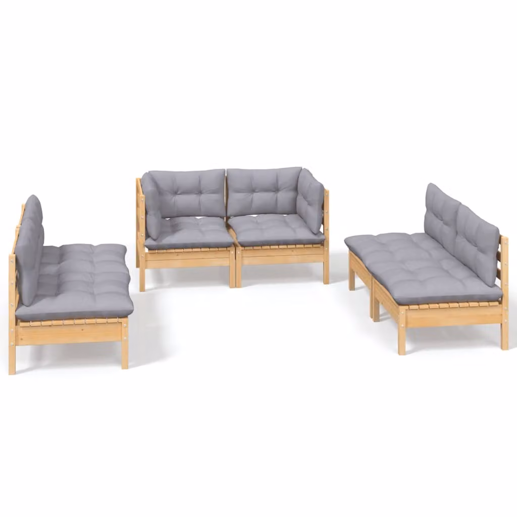 Set Divani da Giardino 6 pz con Cuscini Grigi Massello di Pino