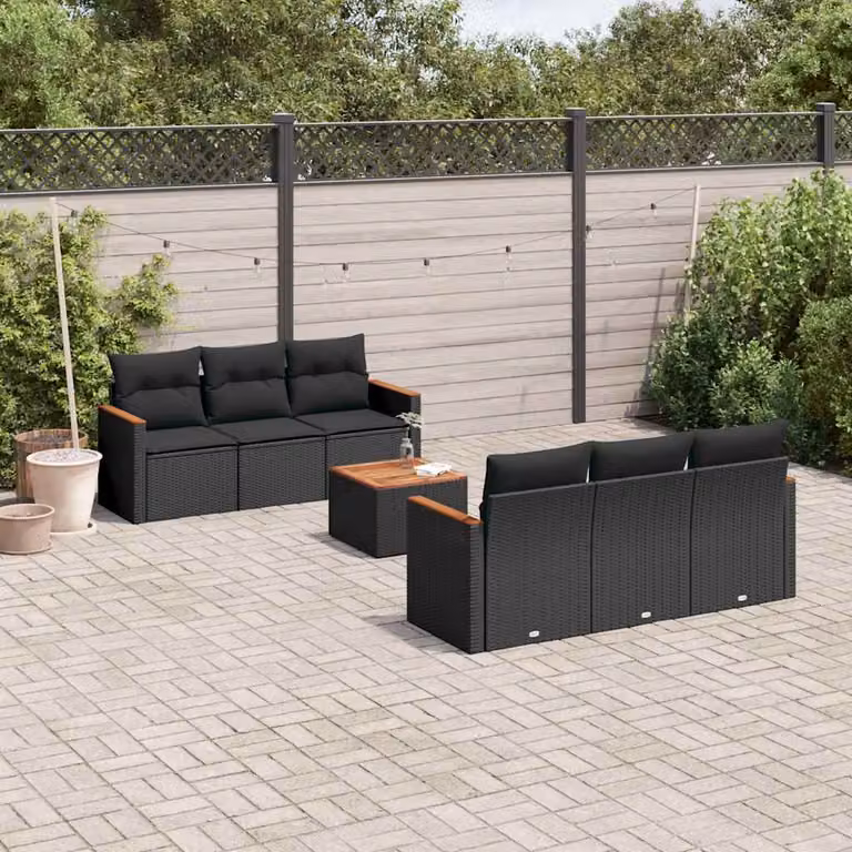 vidaXL Set Divani da Giardino Moderno in Polyrattan Nero con 7 Cuscini e Tavolino da Esterno