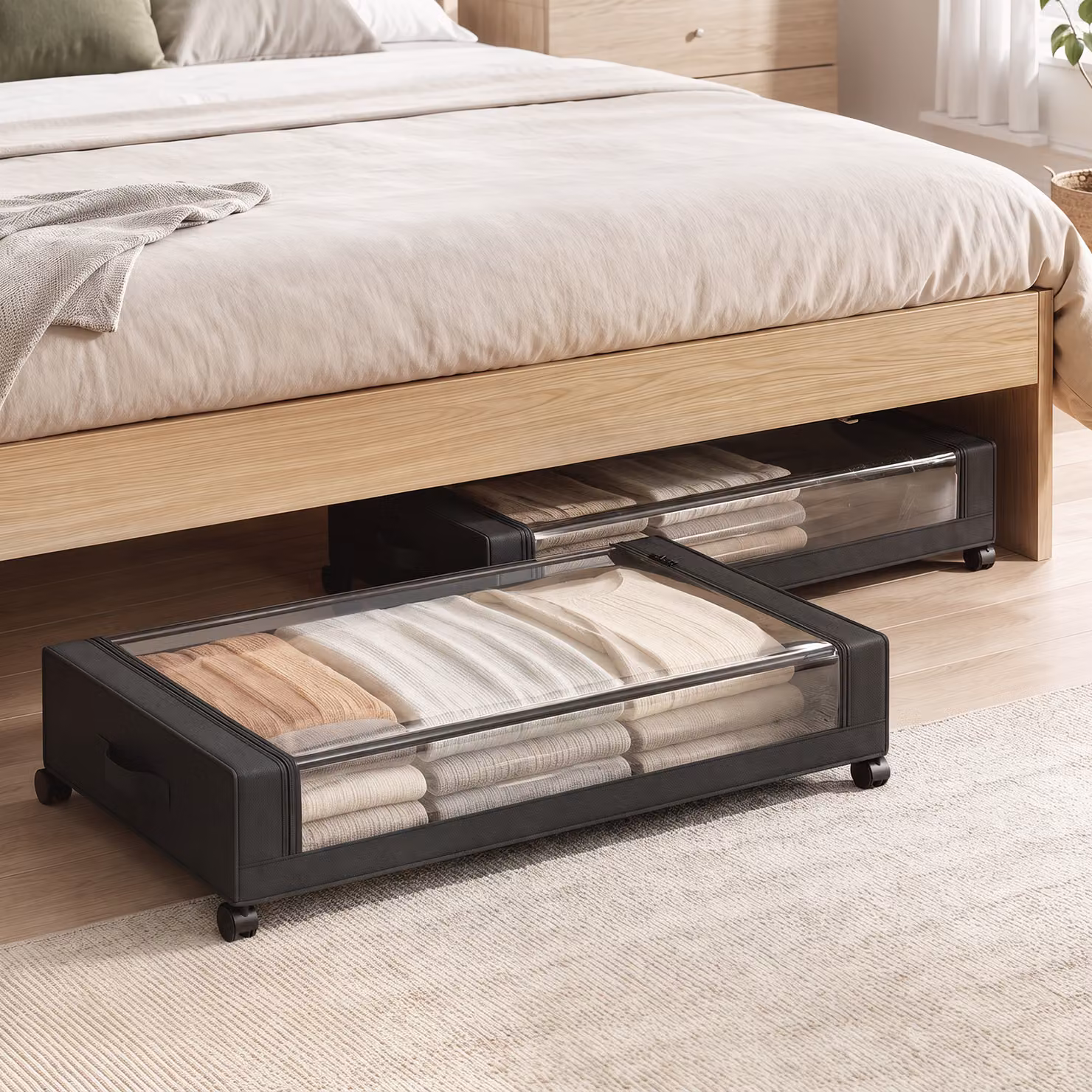 Set di 2 scatole portaoggetti sottoletto HOMCOM con ruote e zip, capacità 40 L, L: 78 cm, P: 44 cm, H: 16 cm, nero – 2
