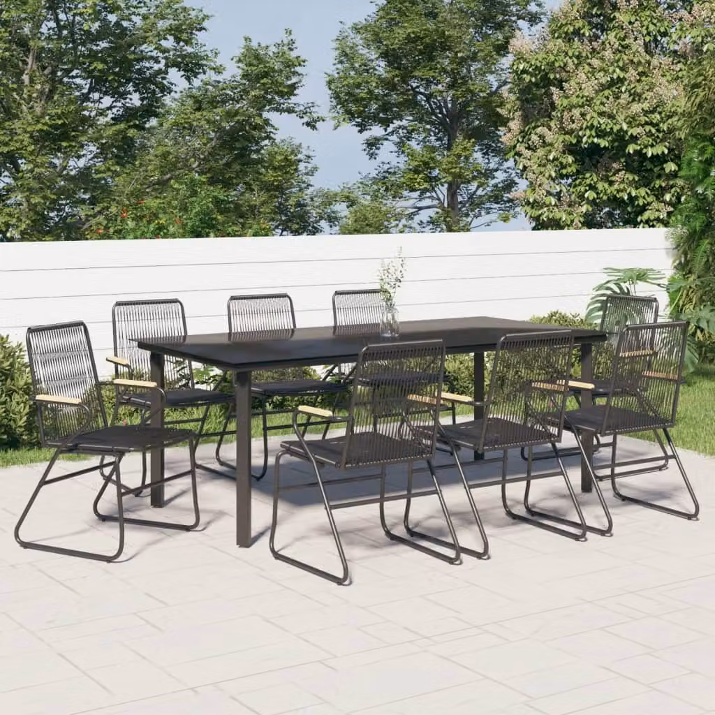 The Living Store Set da pranzo da giardino 9 pezzi in rattan PVC nero