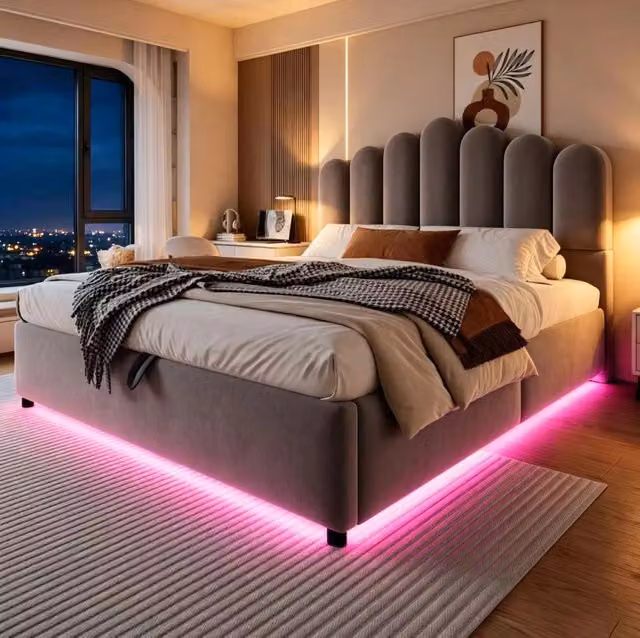 Letto contenitore 140x200 cm grigio in velluto con LED e rete a doghe, senza materasso
