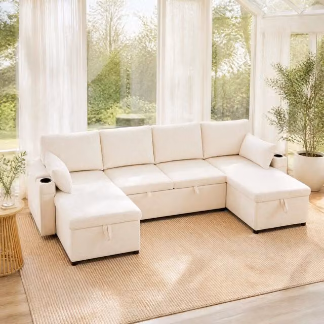 Divano letto panoramico a U MIVRAY beige con contenitore, portabicchieri e cuscini, rivestimento in velluto, L: 272 cm, P: 131 cm, H: 84 cm