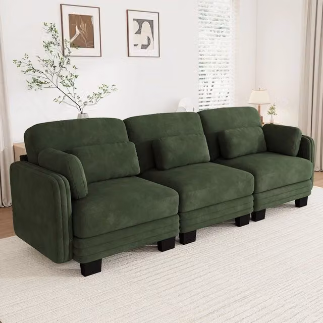Divano modulare lineare a 3 posti in ciniglia verde; 253 x 88 x 88 cm; con cuscini