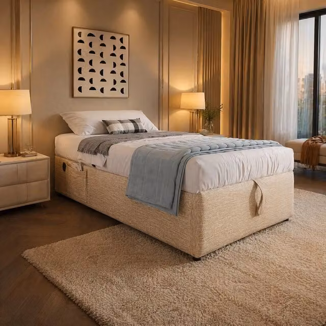 Letto contenitore moderno in lino beige con sollevamento idraulico e porte USB e Type-C L/P: 90 x 200 cm