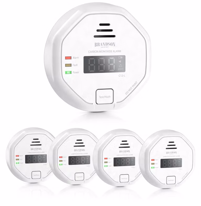 Set di 5 rilevatori di monossido di carbonio Brandson CO-Melder, con sensore elettrochimico, display LCD e allarme da 85 dB, durata del sensore da 7 a 10 anni, conforme alla norma DIN EN 50291, colore bianco