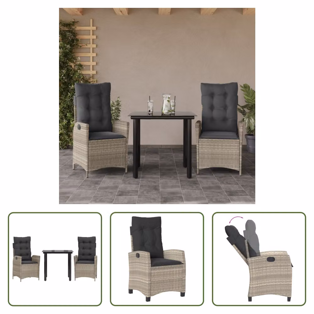 The Living Store Set da pranzo da giardino 3 pezzi con cuscini in rattan grigio chiaro