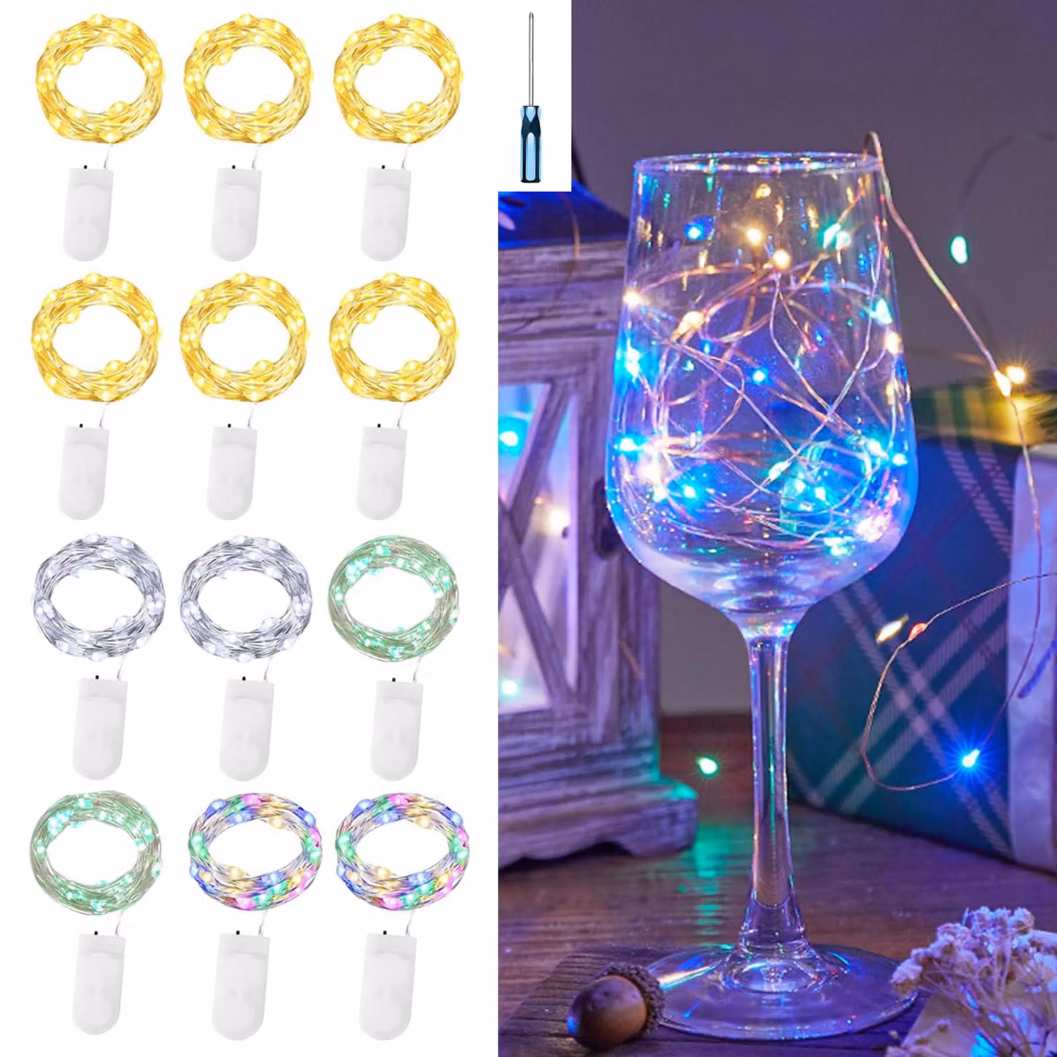 Catena luminosa da 12 luci, lunghezza 2 metri, 20 LED, micro-catena luminosa, luce bianco caldo