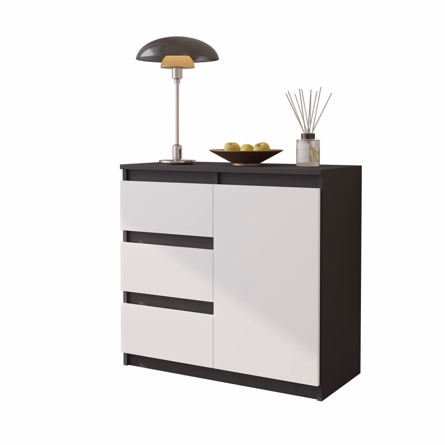 MIKEL - Cassettiera / credenza con 3 cassetti e 1 anta - grigio antracite / bianco opaco H75cm L80cm P35cm