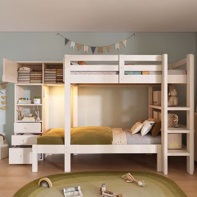 Letto a castello-Xylo-90x200cm, luce notturna, armadio, scaffale, bianco