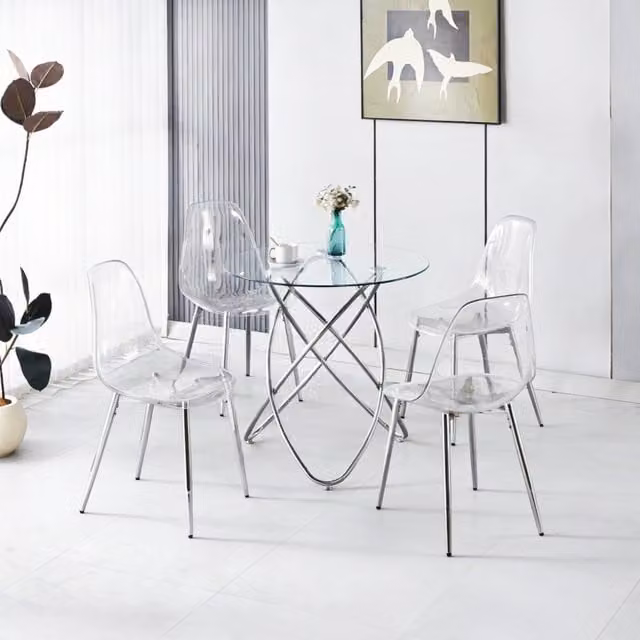 Set da pranzo moderno Zephmum composto da 1 tavolo rotondo in vetro e 4 sedie con struttura a X in metallo