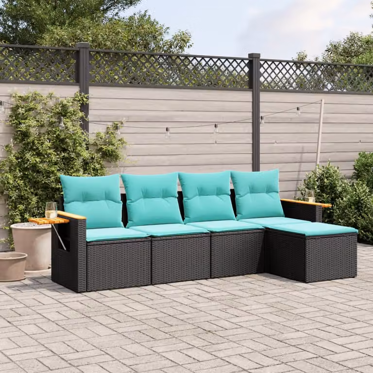 Set di divani da giardino vidaXL a forma di L composto da 5 pezzi in polyrattan nero con cuscini inclusi e pouf