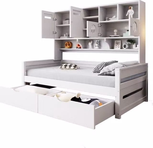 Letto singolo 90x200 con contenitore superiore e due cassetti; struttura bianca in legno; senza materasso