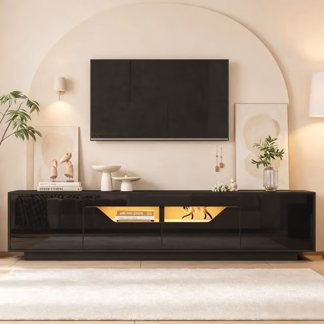 Mobile TV Mivray moderno con illuminazione LED integrata e controllo via app, frontale lucido nero, per TV fino a 75 pollici, L: 180 cm, P: 40 cm, H: 45 cm