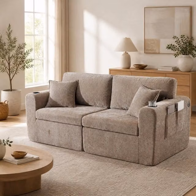 Divano 2 posti 220x100x89 cm in chenille marrone, con portabicchieri, per piccoli spazi –