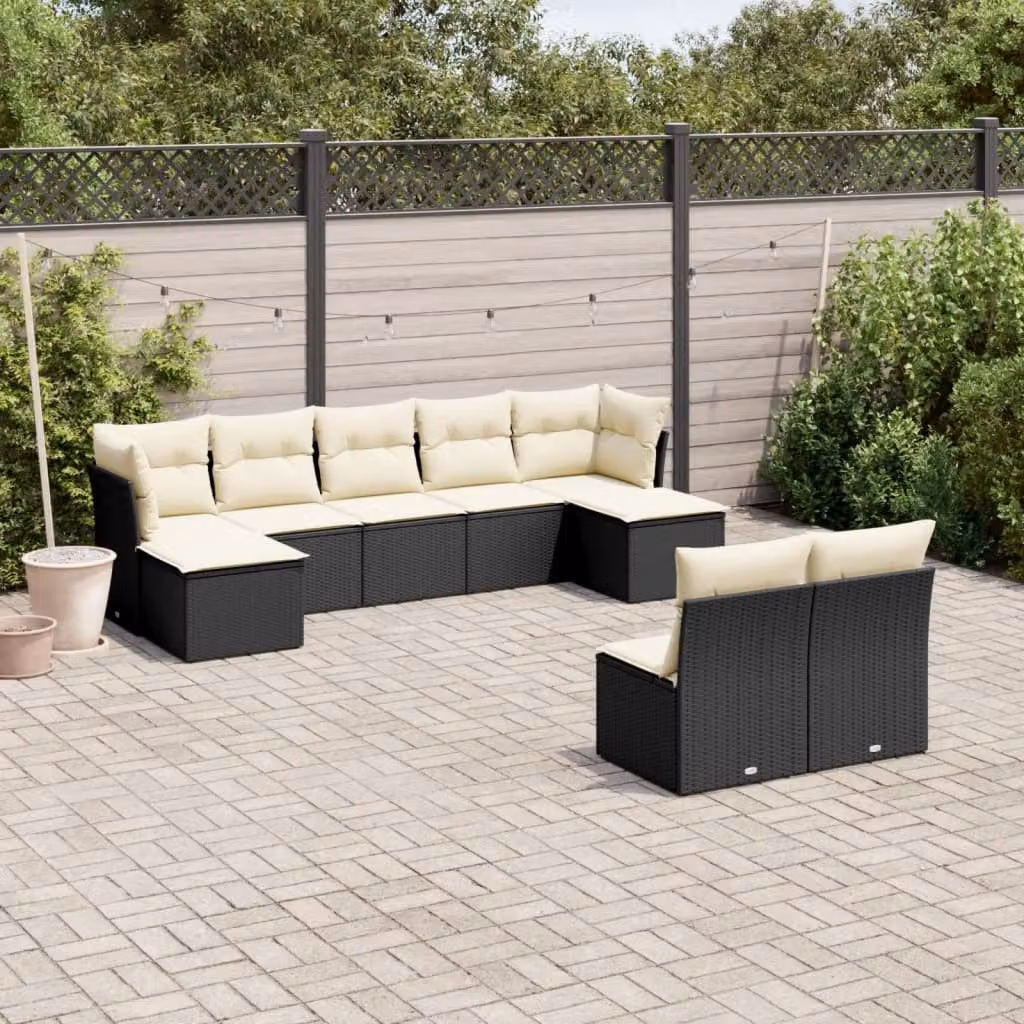 vidaXL Set Divani da Giardino 9 pz in Polyrattan Nero con Cuscini e Struttura in Metallo – 1