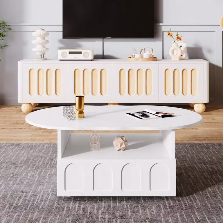 Tavolino da caffè a forma di nuvola - Tavolino moderno per il soggiorno - Struttura in legno - Forma irregolare - Cassetto a scomparsa - Ripiano aperto - Spazio contenitivo