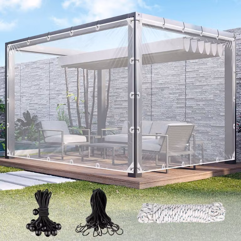 Telo trasparente con occhielli, dimensioni 2 x 2 metri, completo di materiale di fissaggio