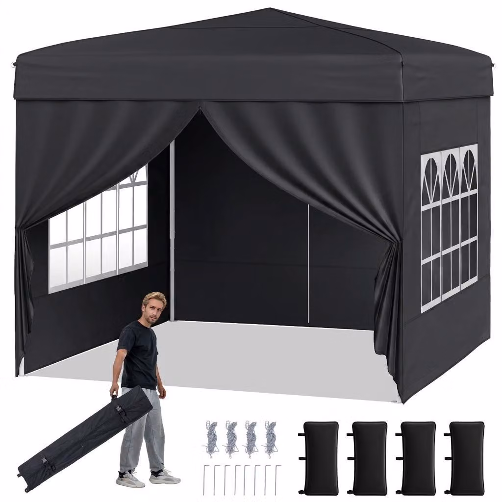 KOMFOTTEU, Gazebo pop-up 3x3 metri, gazebo da giardino pieghevole con pareti laterali removibili, struttura in metallo, finestre trasparenti, 4 sacchi di sabbia, borsa da trasporto, gazebo pieghevole per barbecue, picnic, campeggio (nero)