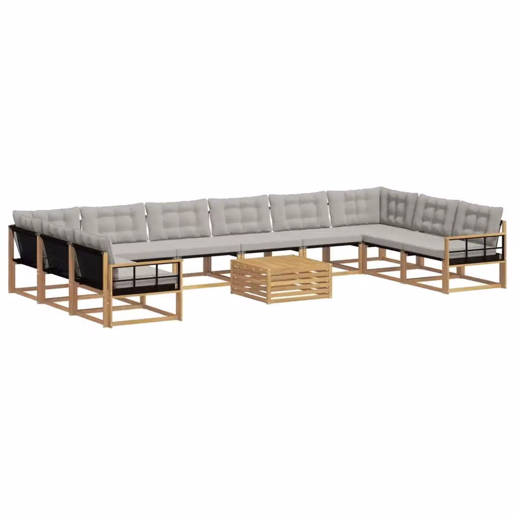Set di divani da esterno a forma di U vidaXL in legno di acacia con tavolino da caffè, 11 pezzi, Bianco e Grigio – 2