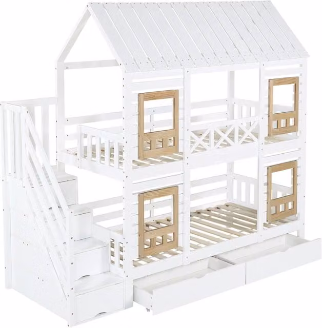 Letto a castello per bambini 90x200 cm in pino e MDF con protezioni colorate, finestre, 2 cassetti e scala contenitore bianco e naturale