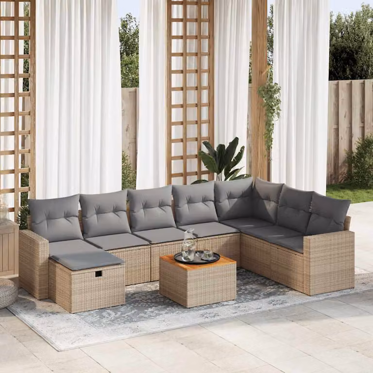 Set Divano da Giardino vidaXL 9 pz in Polyrattan con Cuscini Beige e Tavolino, Design Moderno a L per Terrazza e Giardino