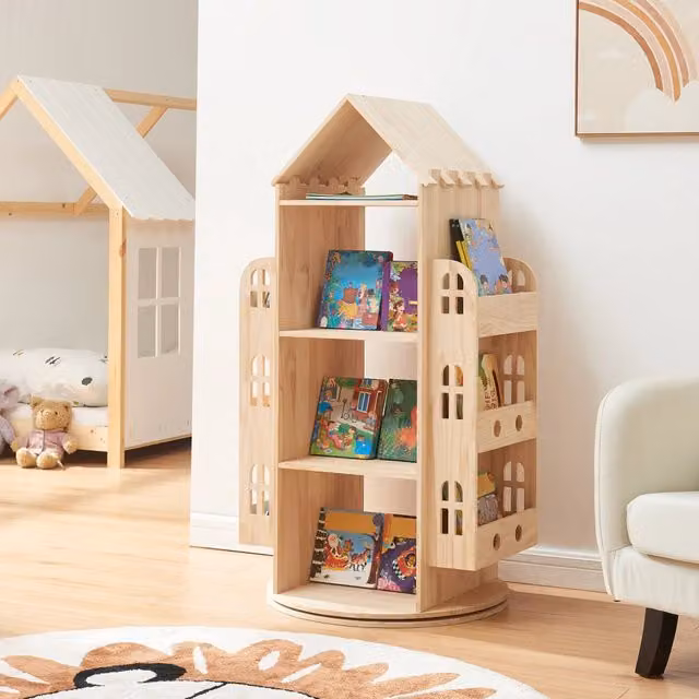 Libreria Girevole Sanköre en.casa per Cameretta con Design a Casetta in Legno di Pino Naturale H 122 x L 64 x P 43 cm