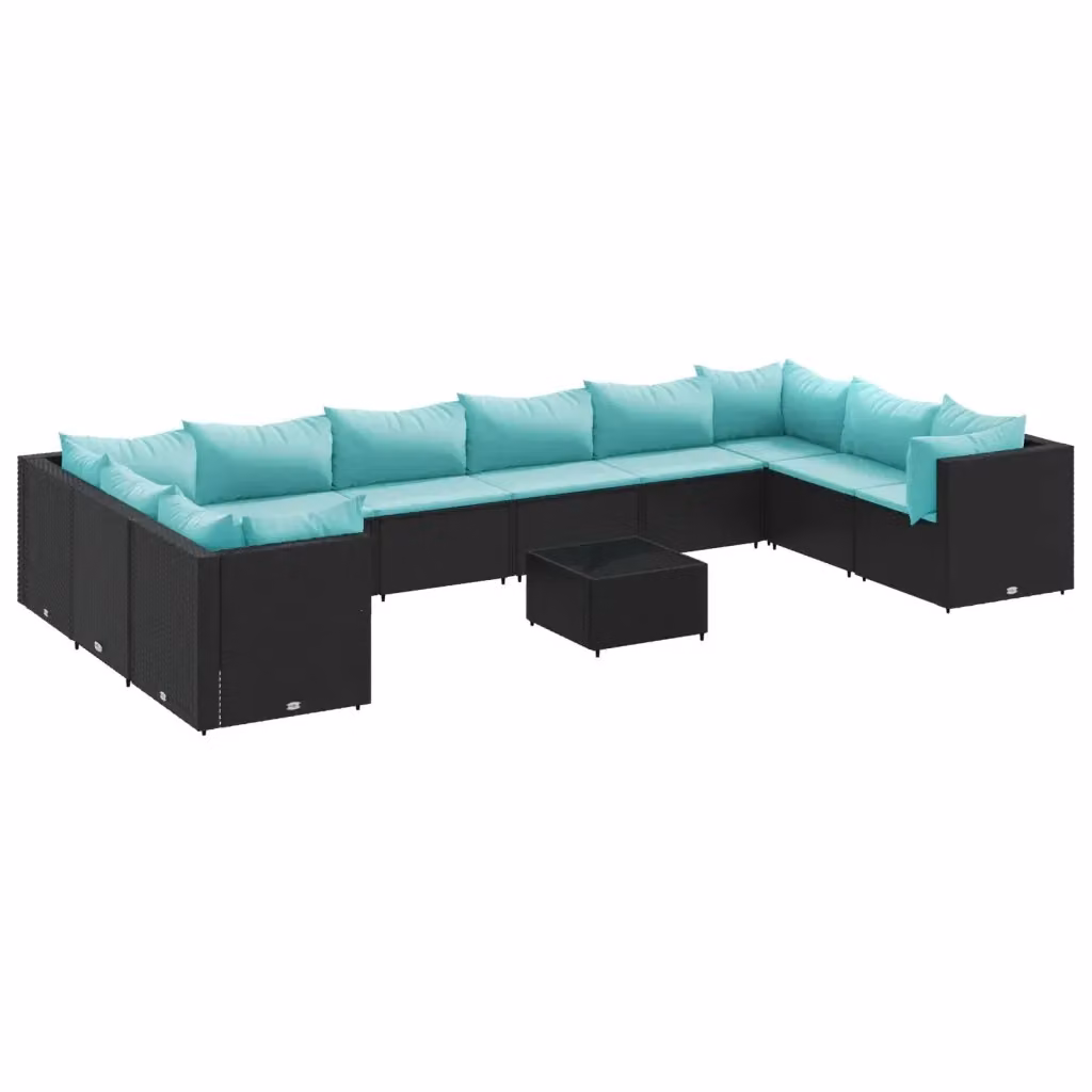 Set da giardino vidaXL a forma di L composto da 11 pezzi con divano angolare, tavolino da caffè e cuscini blu e neri in rattan e metallo – 2