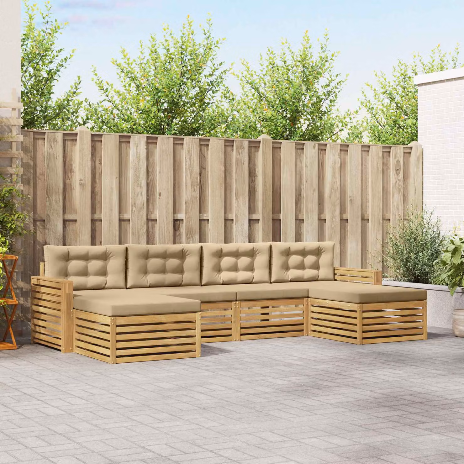 vidaXL Set di divani da esterno a L in legno di acacia con cuscini, 6 pezzi, Bianco e Beige