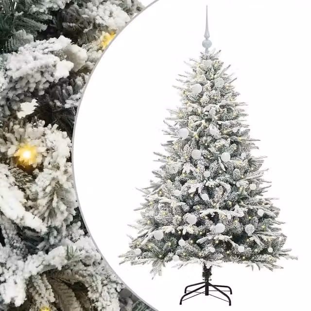 Albero di Natale artificiale preilluminato con LED luce bianca calda e set di palline vidaXL, colore verde, stile moderno in PVC e metallo