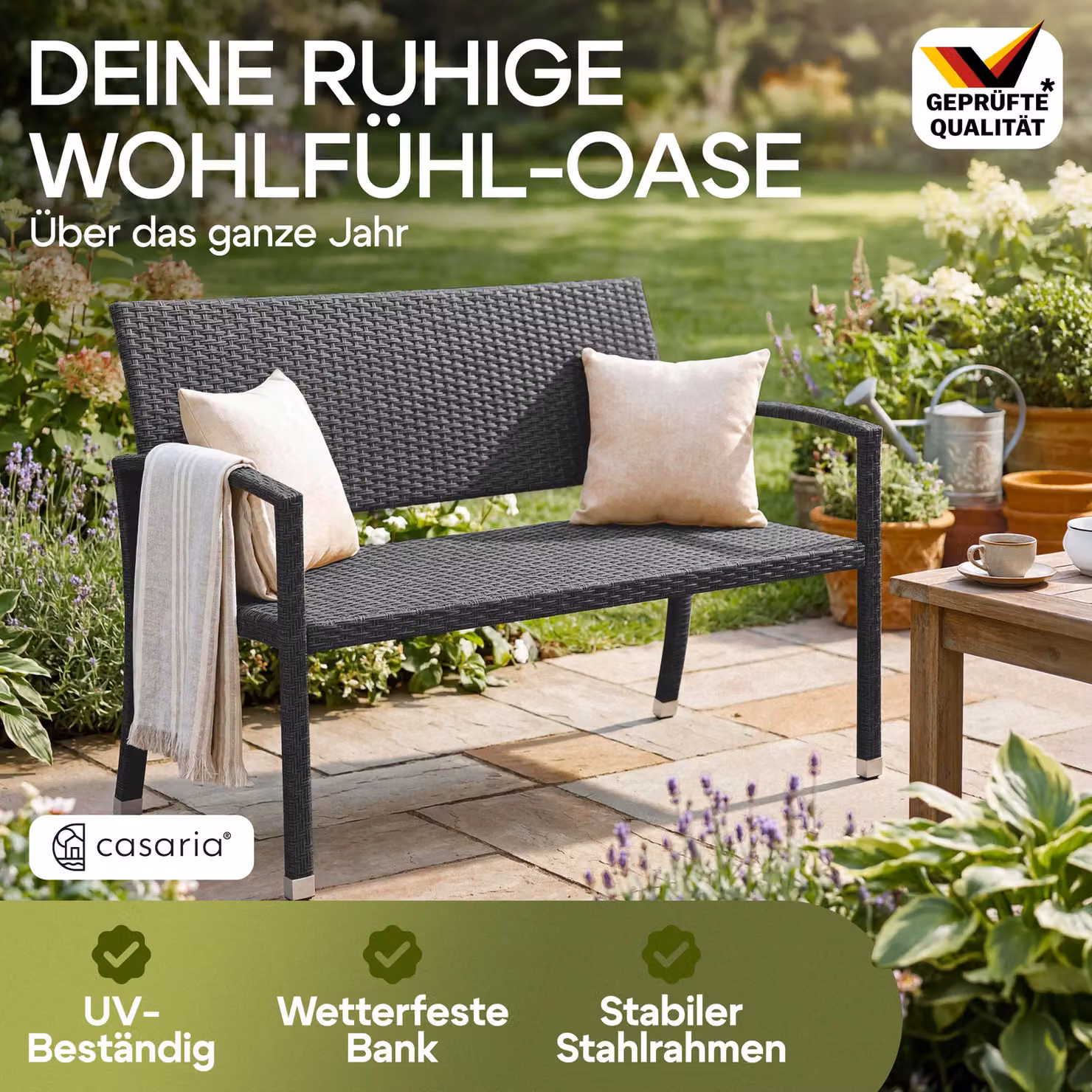 Panca da giardino Casaria a 2 posti in polyrattan nero con cuscini L: 122 cm, P: 87 cm, H: 60 cm – 2