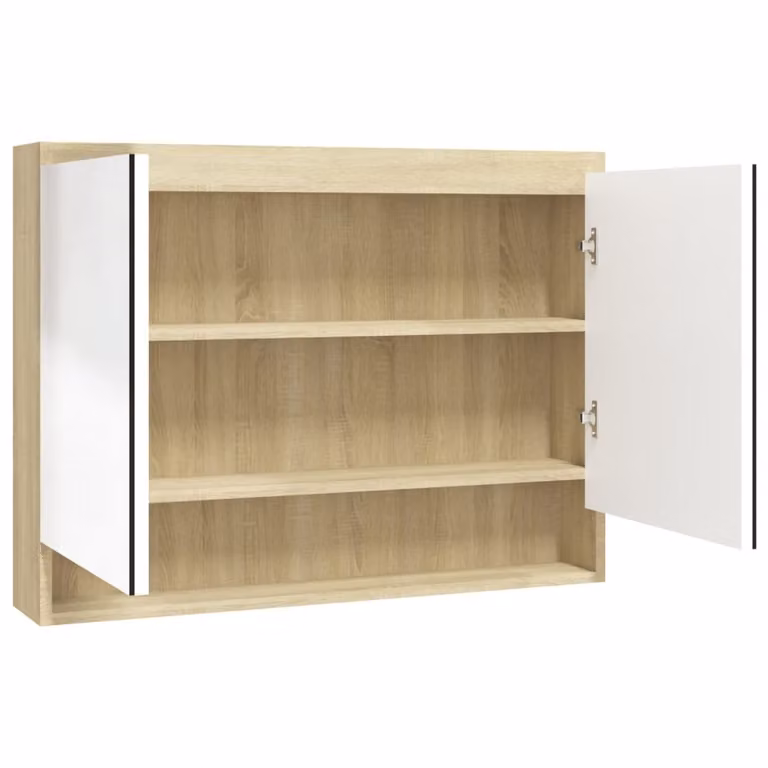 Armadietto Bagno con Specchio 80x15x60cm in MDF Bianco e Rovere
