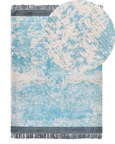 Beliani Tappeto vintage in viscosa con frange 140 x 200 cm blu e beige