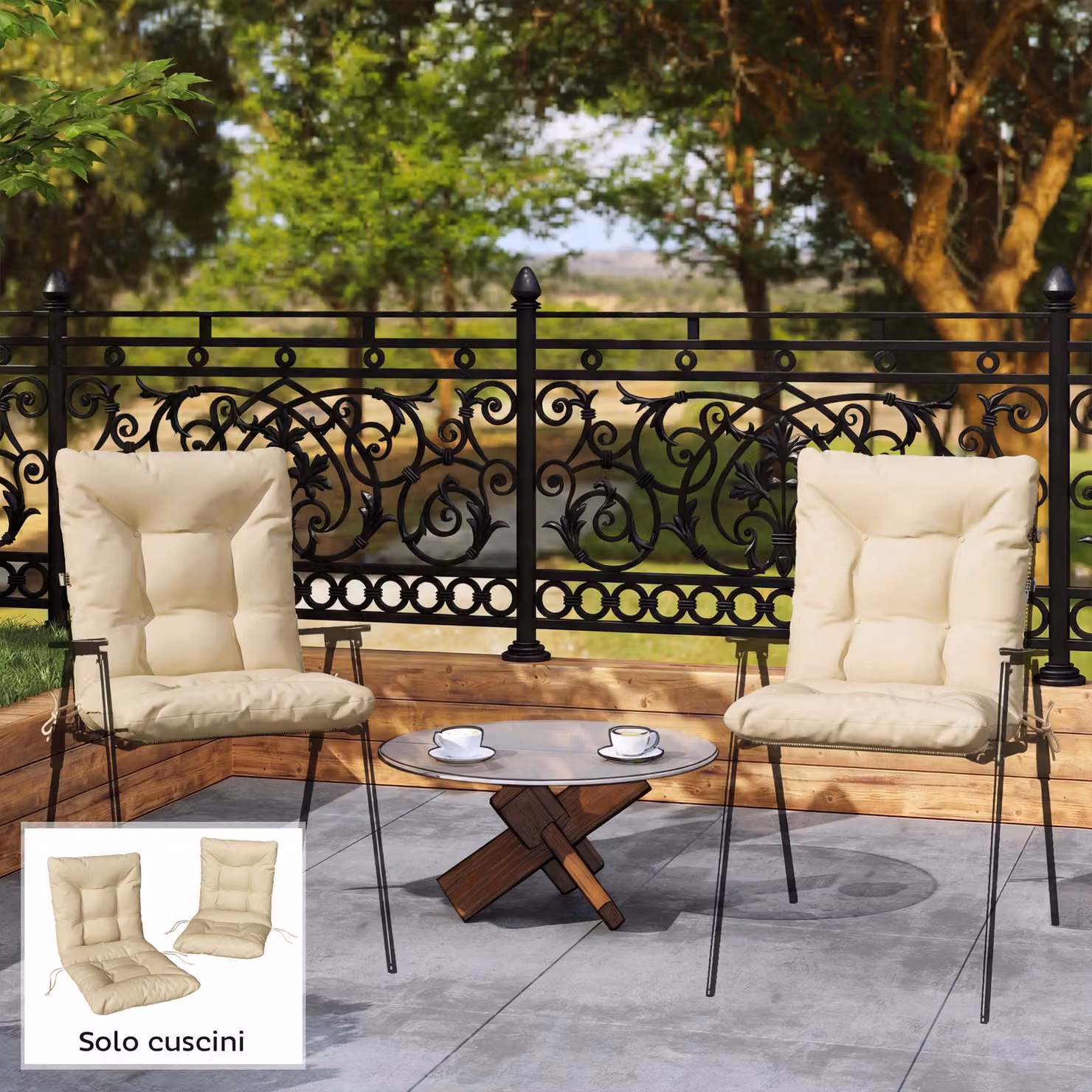 Set di 2 cuscini per sedie da esterno Outsunny in poliestere e cotone con lacci di fissaggio, Beige, L 120 x P 50 x H 8 cm – 2