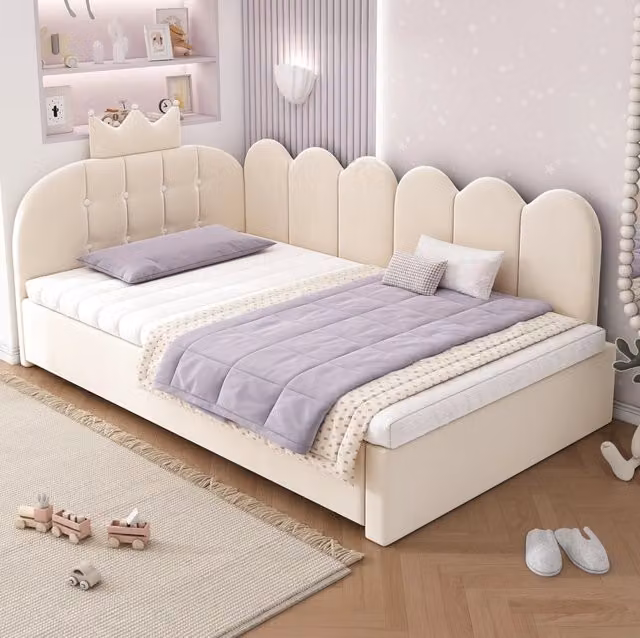 Letto da giorno beige 90x200 cm in velluto con letto estraibile 90x190 cm