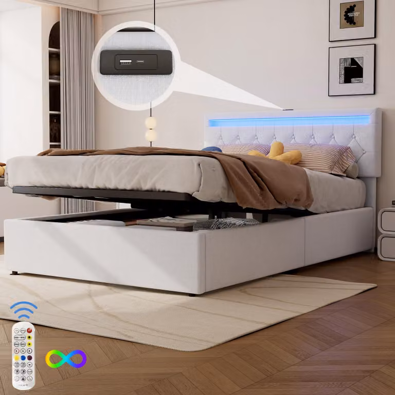 Letto imbottito Merax 140x200 cm, letto piano con LED, connessione di ricarica USB e Type-C, contenitore idraulico, letto matrimoniale, biancheria, bianco