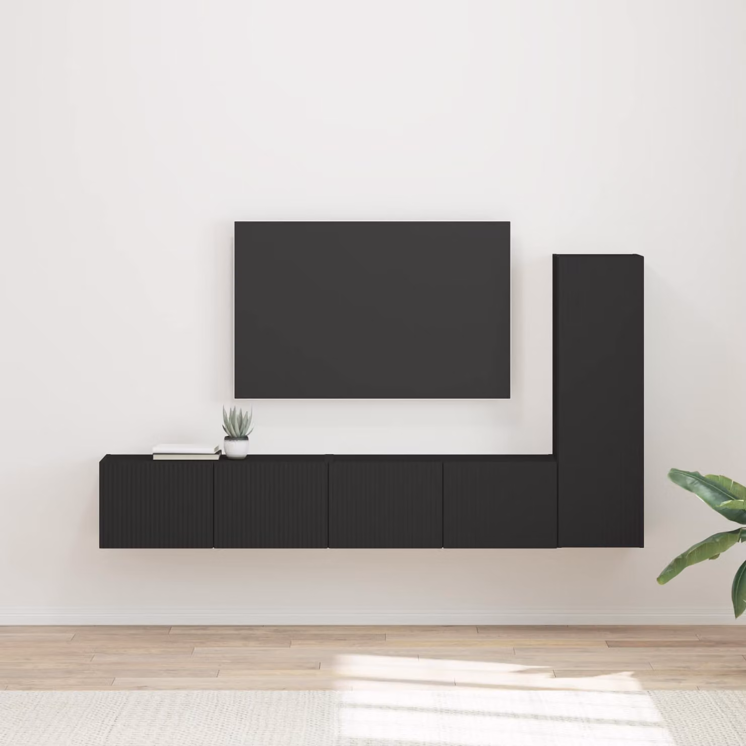 Set mobile TV moderno vidaXL in 3 pezzi, nero opaco con finitura legno, montaggio a parete per soggiorno – 1