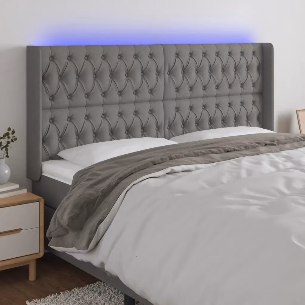 Testiera moderna in tessuto grigio con illuminazione LED integrata e porta di ricarica USB, L: 203 cm, P: 16 cm, H: 118/128 cm – 2