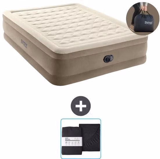 Materasso gonfiabile per 2 persone - 152 x 203 x 46 cm - Beige - pompa e biancheria da letto incluse