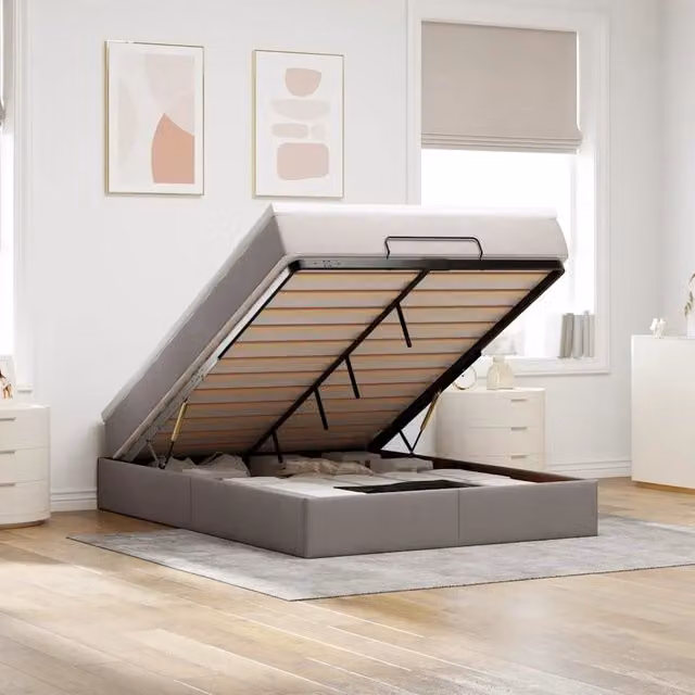 Letto con contenitore a sollevamento vidaXL in tessuto beige e grigio L: 140 cm, P: 200 cm, H: 280 cm – 1