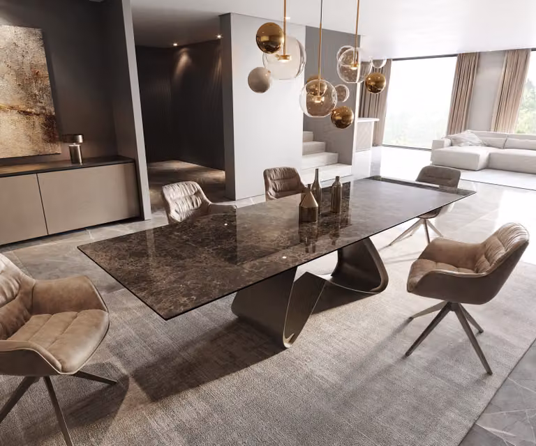 DELIFE Tavolo da pranzo Edge 200-300x100 in Vetroceramica Emperador Extra Lucidato marrone scuro, struttura in W con finitura effetto titanio, allungabile